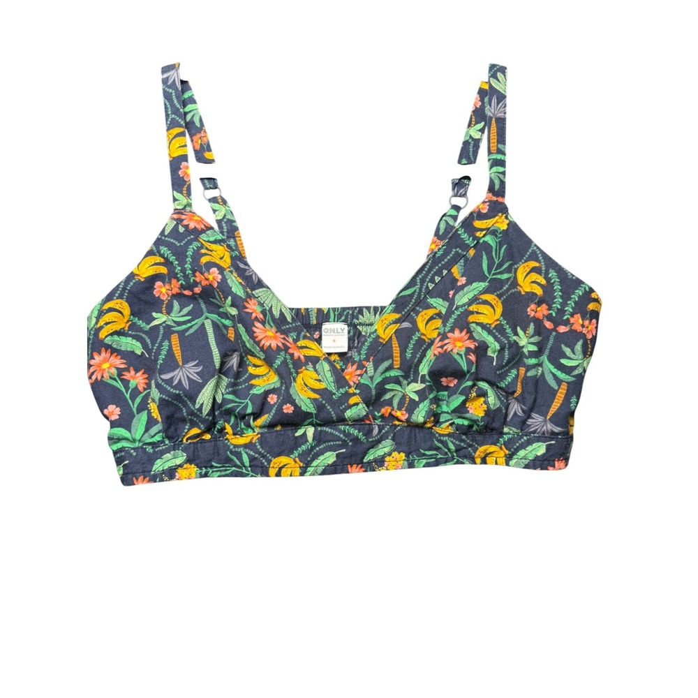 ONLY Women Tropical Banana Palm Print Bralette Crop Top Navy Blue Small resort